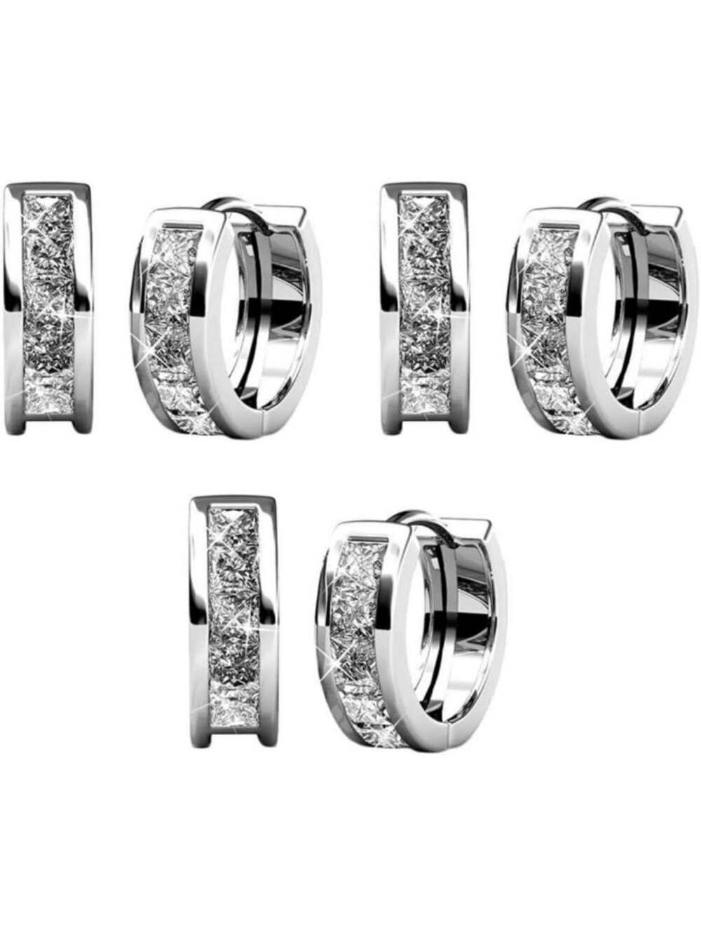 Dainty 18K White Gold-Plated Hoop Earrings Set | 3 Pairs with Simulated Diamonds